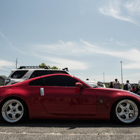 Red 2008 Nissan 350Z on White Work Meister S1R